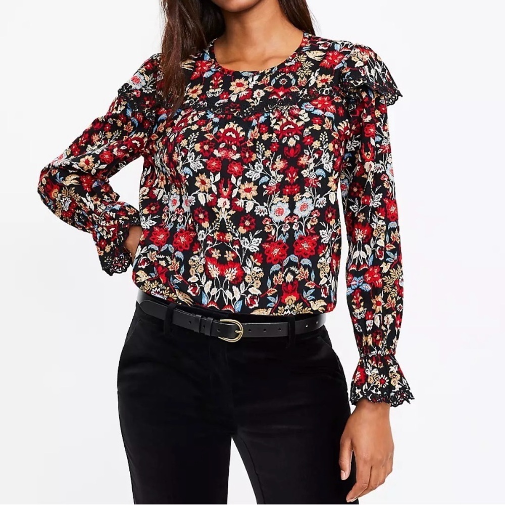 LOFT Forest Ruffle Scalloped Yoke Blouse Boho Floral Cotton Top Size XL